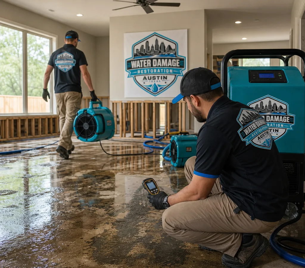 Technicians using commercial drying equipment and moisture meters in an Austin home with water-damaged flooring