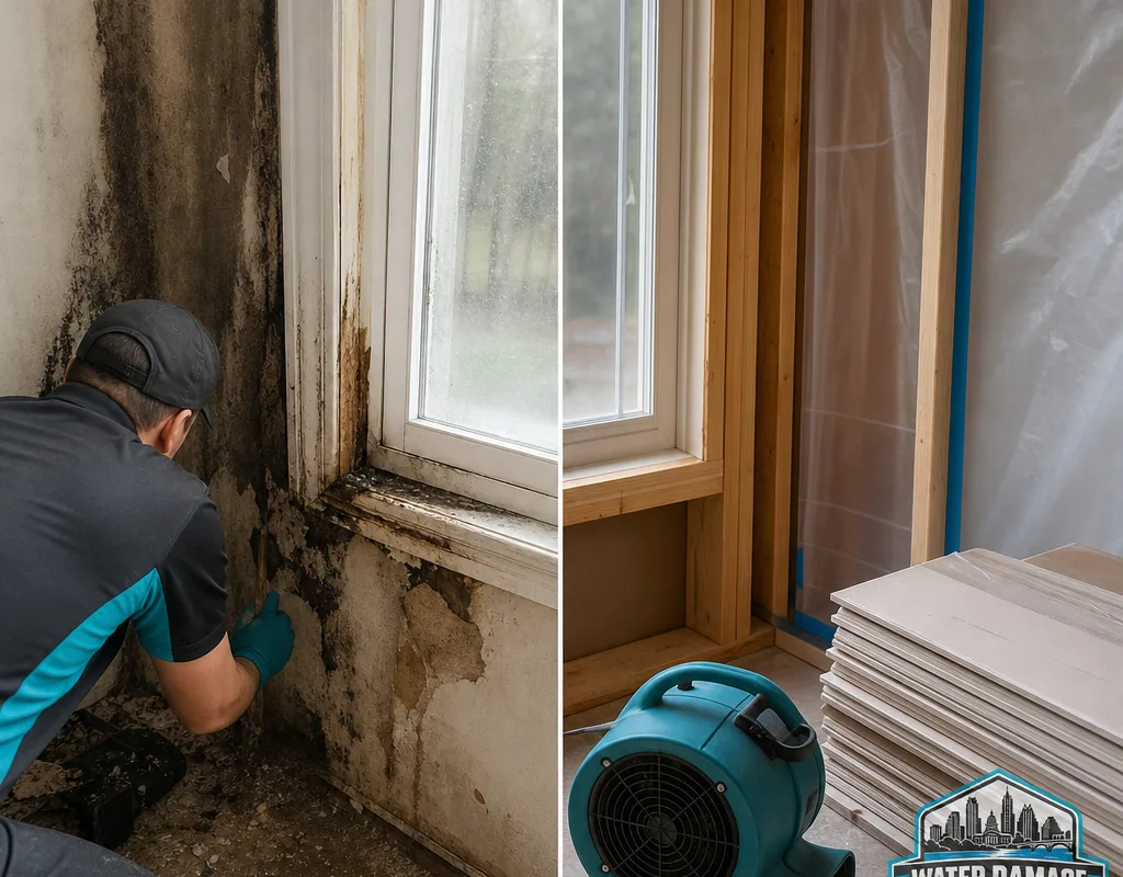 Before and after comparison of mold-stained drywall and cleaned framing inside containment