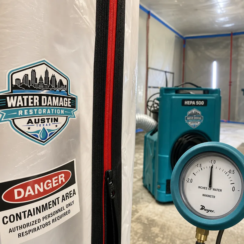 Sealed mold containment with negative pressure monitoring and a running HEPA air scrubber