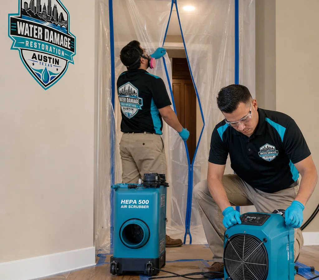 Technicians setting up containment and HEPA air filtration in an Austin residential hallway