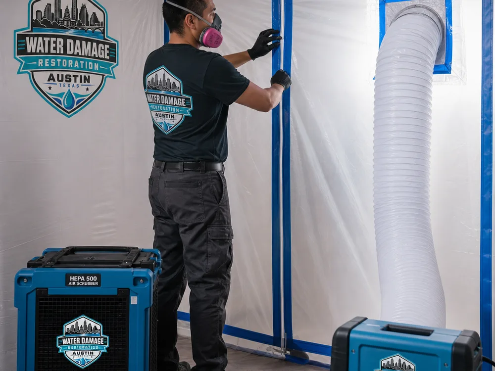 HEPA air scrubber and negative air machine operating inside sealed mold containment