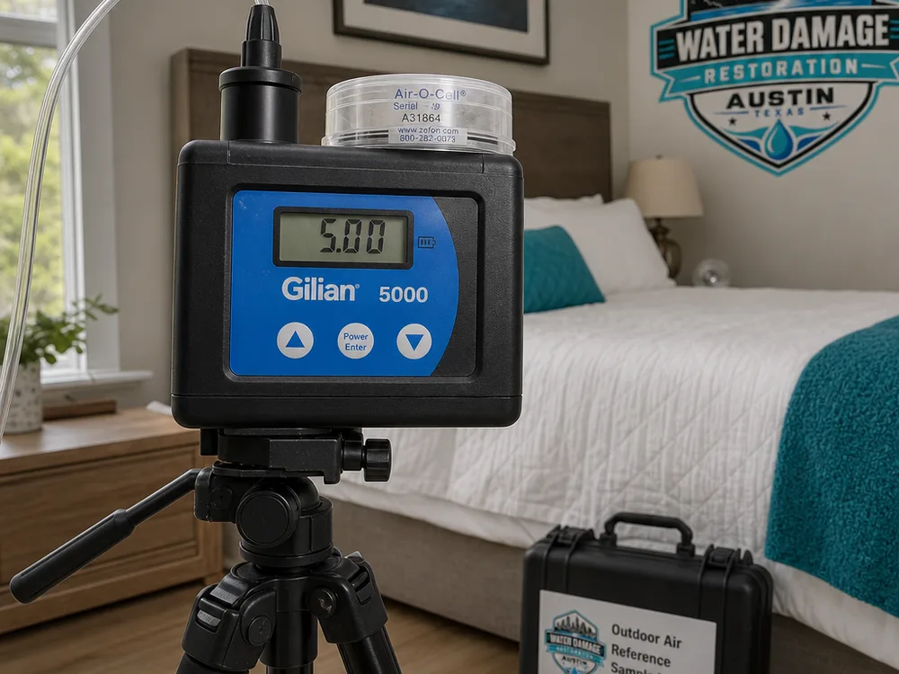 Indoor air sampling pump and spore trap cassette on a tripod with an outdoor reference sample kit nearby