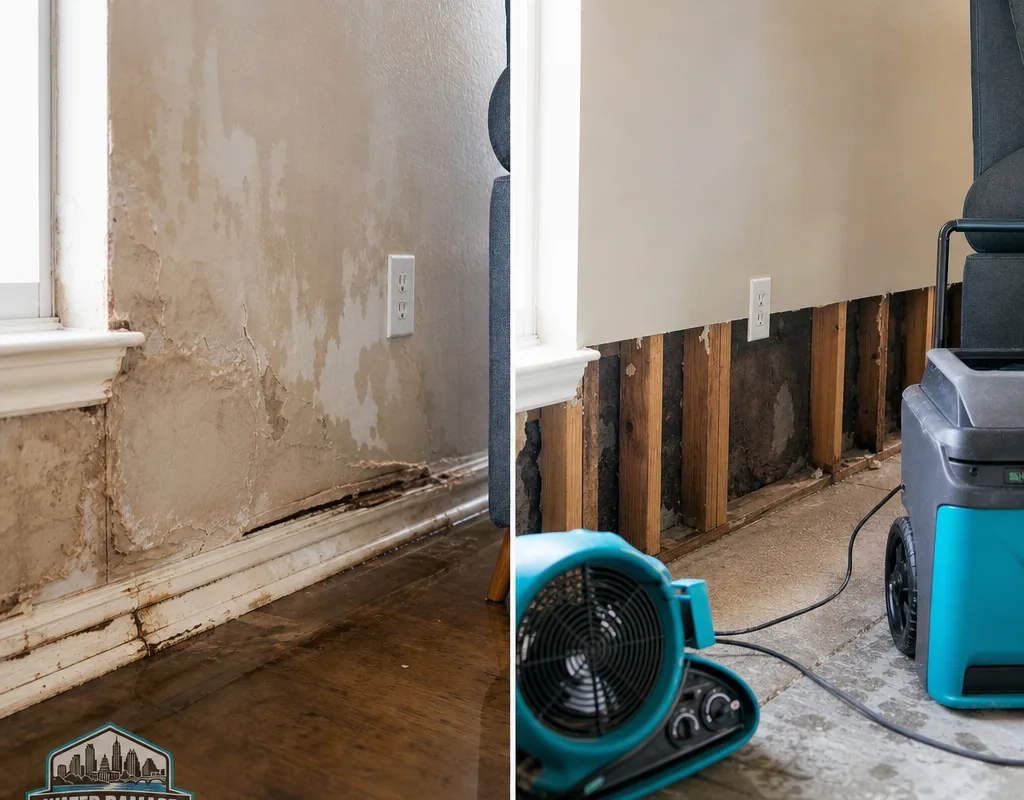 Before and after view of a water-damaged living room wall opened for controlled drying