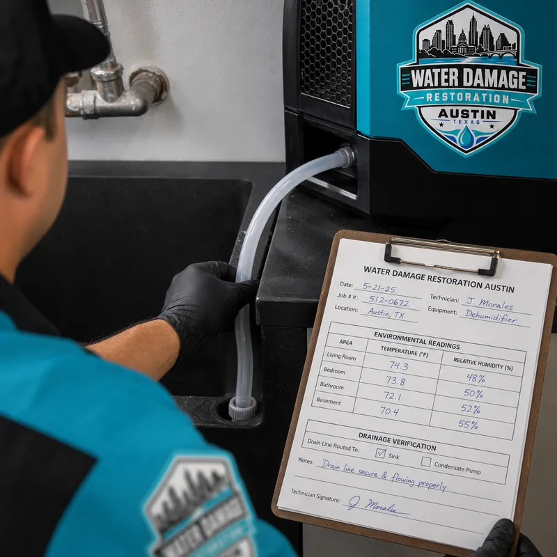 Commercial dehumidifier drain line and job log recording humidity and temperature readings