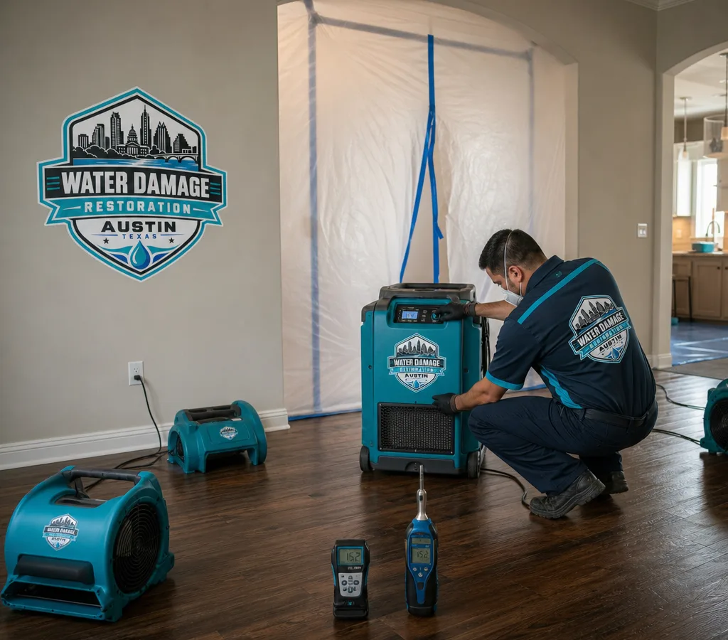 Technician using commercial drying equipment inside an Austin home after a water leak