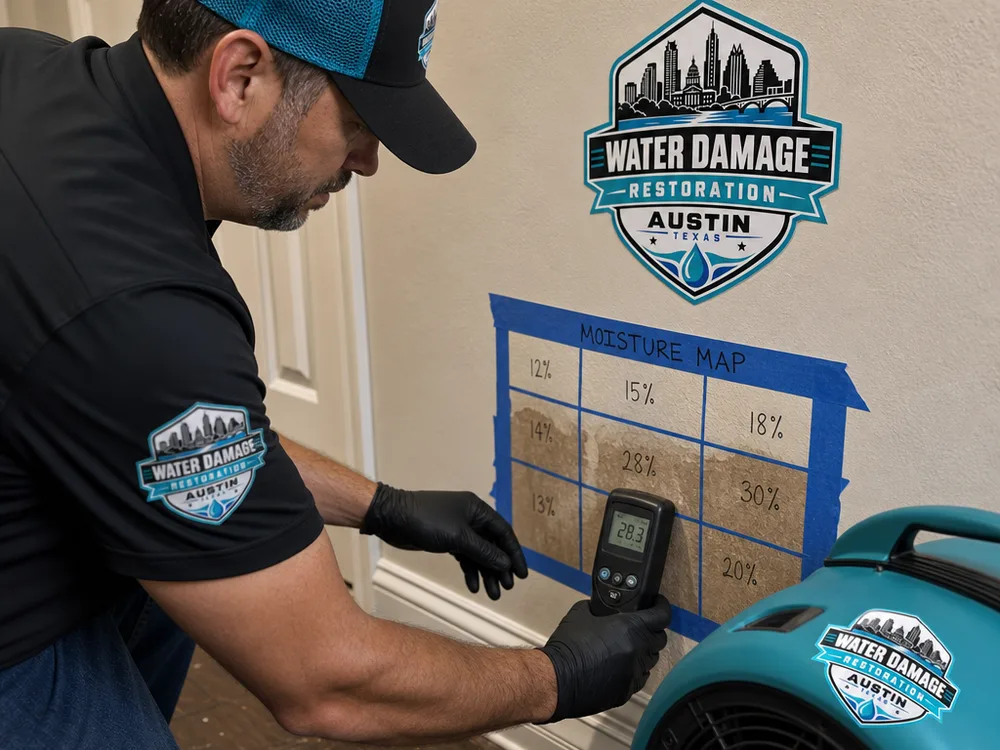 Moisture meter reading on drywall beside an air mover drying a wall cavity