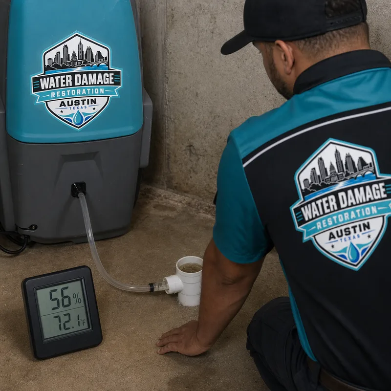 Dehumidifier drain line routed to a safe discharge point beside visible humidity and temperature readings