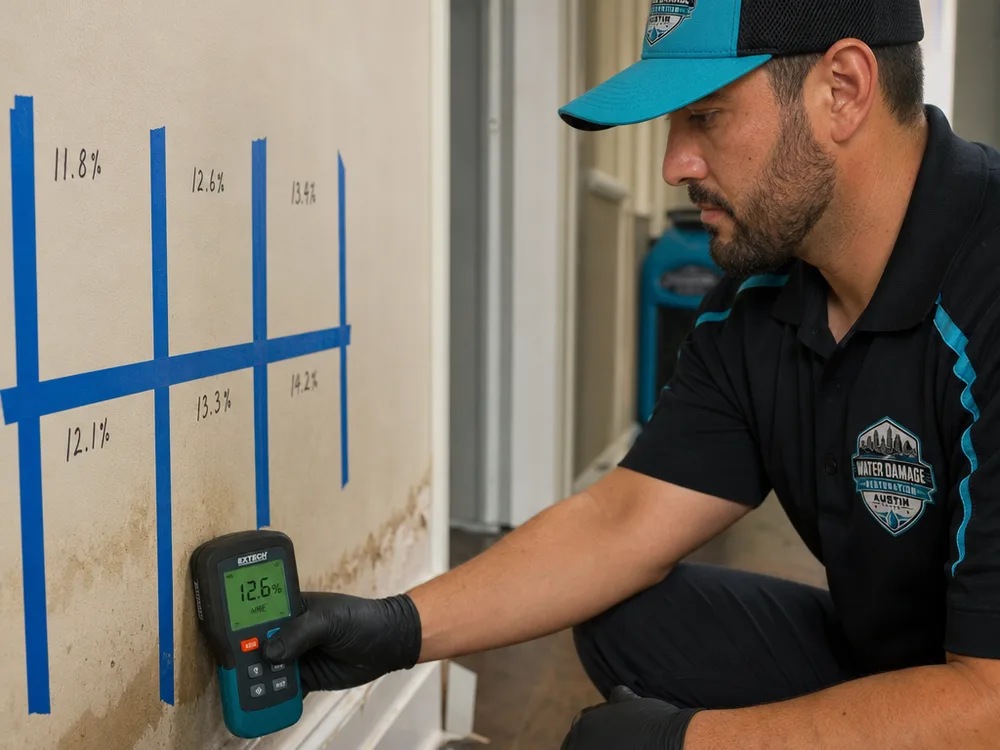 Moisture meter readings and taped moisture-map marks on drywall and baseboard in a residential hallway