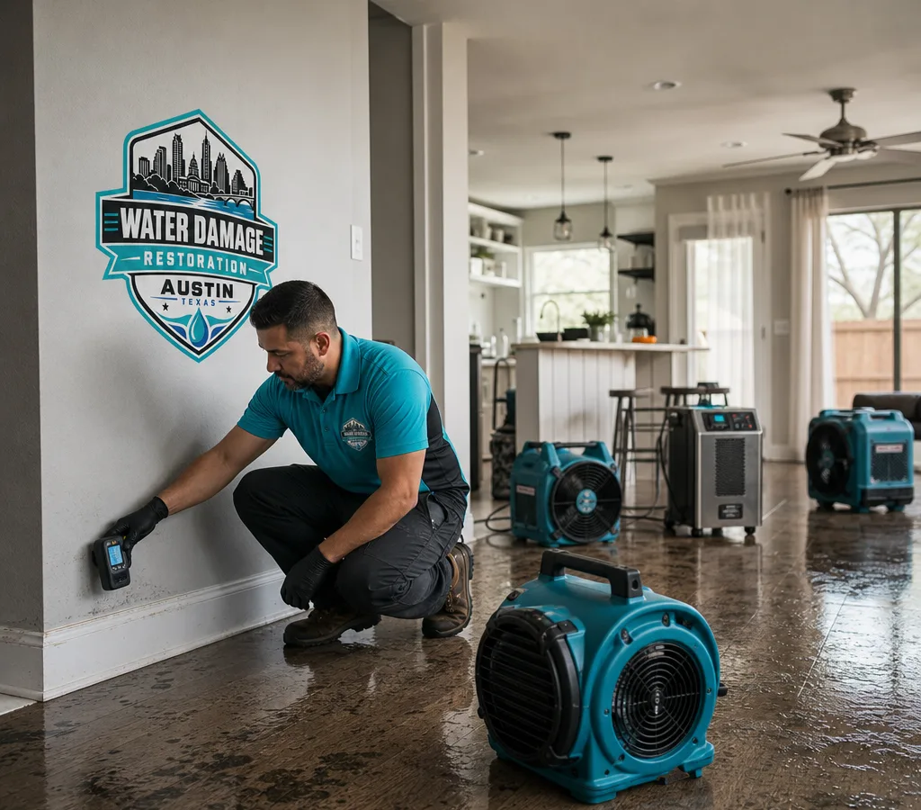 Technician assessing water damage in an Austin home with a moisture meter while containment and air movers are staged nearby