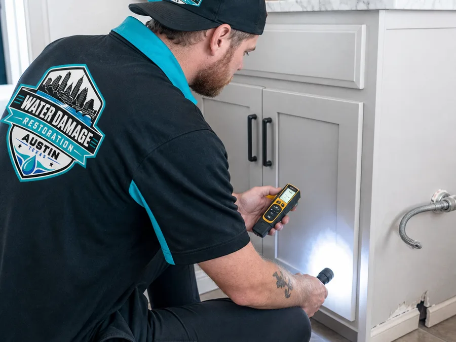 Technician positioning air movers and doorway containment in an Austin home