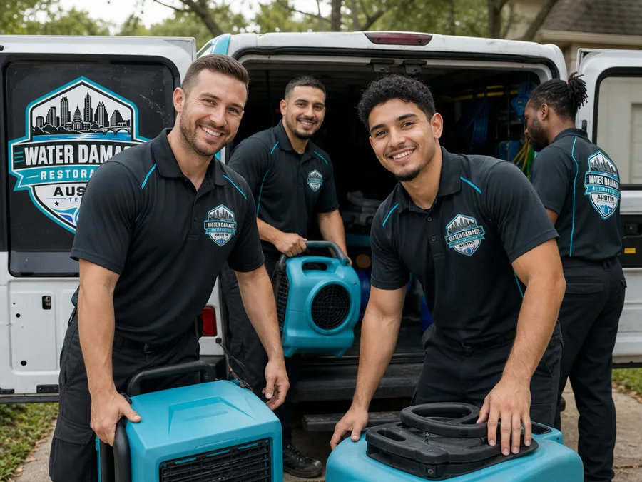 Water Damage Restoration Austin team unloading dehumidifiers and air movers at an Austin home